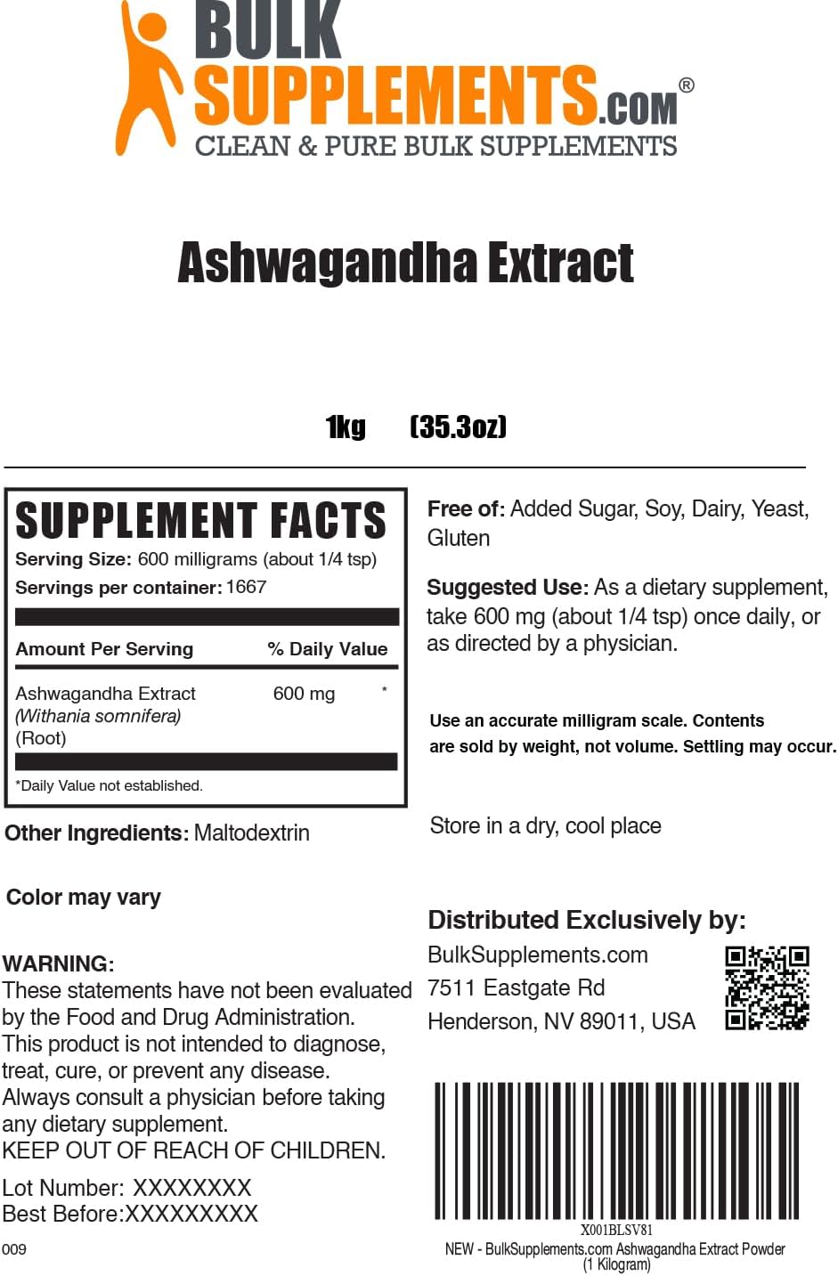 BulkSupplements.com Organic Ashwagandha Root Extract Powder - Vegan & Gluten Free - 600mg per Serving - 1kg (2.2 lbs) Pack of 1