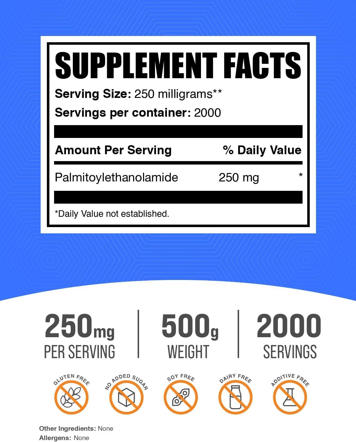 BulkSupplements.com Palmitoylethanolamide Powder - 250mg Pea Supplement for Immune Support - Gluten Free - 500g (1.1 lbs) Pack of 1