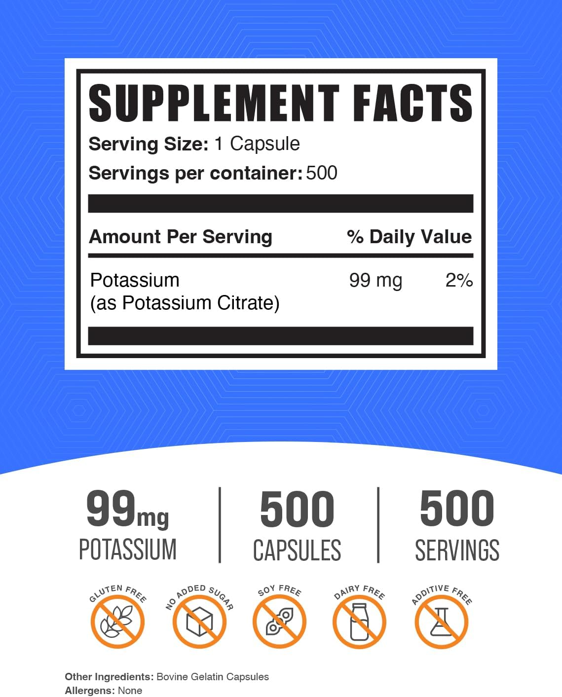 BulkSupplements.com Potassium Citrate Capsules - 99mg Potassium Supplement - 500 Capsules, Pack of 1