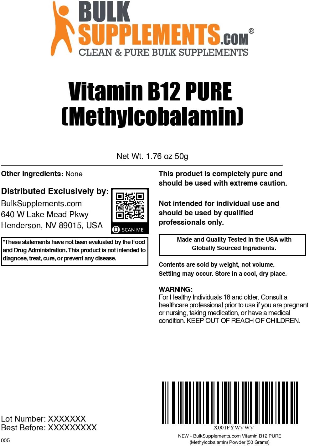 BulkSupplements.com Pure Methylcobalamin B12 Powder - Essential B Vitamin Supplement, 50g (1.8 oz) - Multiple Servings