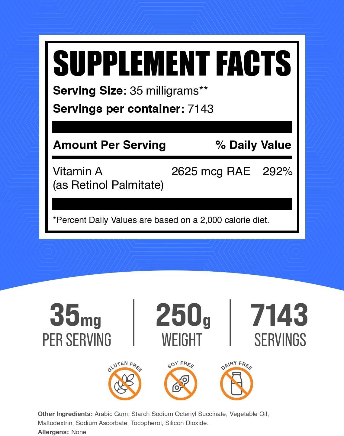 BulkSupplements.com Retinol Palmitate Powder - Vitamin A Supplement for Immune & Eye Support - Gluten Free, 35mg per Serving, 250g (8.8 oz) (1 Pack)