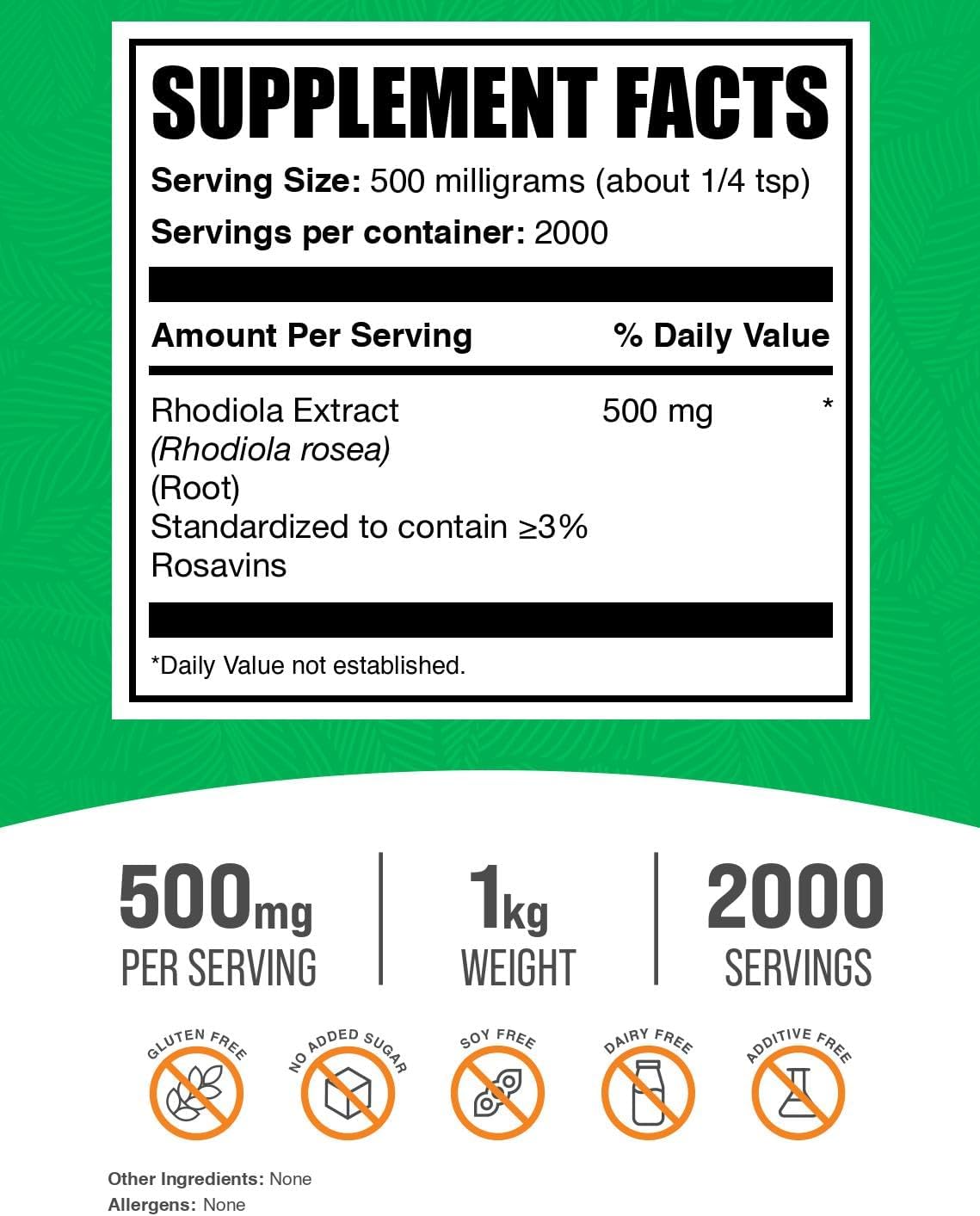 BulkSupplements.com Rhodiola Rosea Extract - 3% Rosavin, Rhodiola Root Supplement, Vegan & Gluten-Free, 1kg (2.2 lbs) - 500mg per Serving