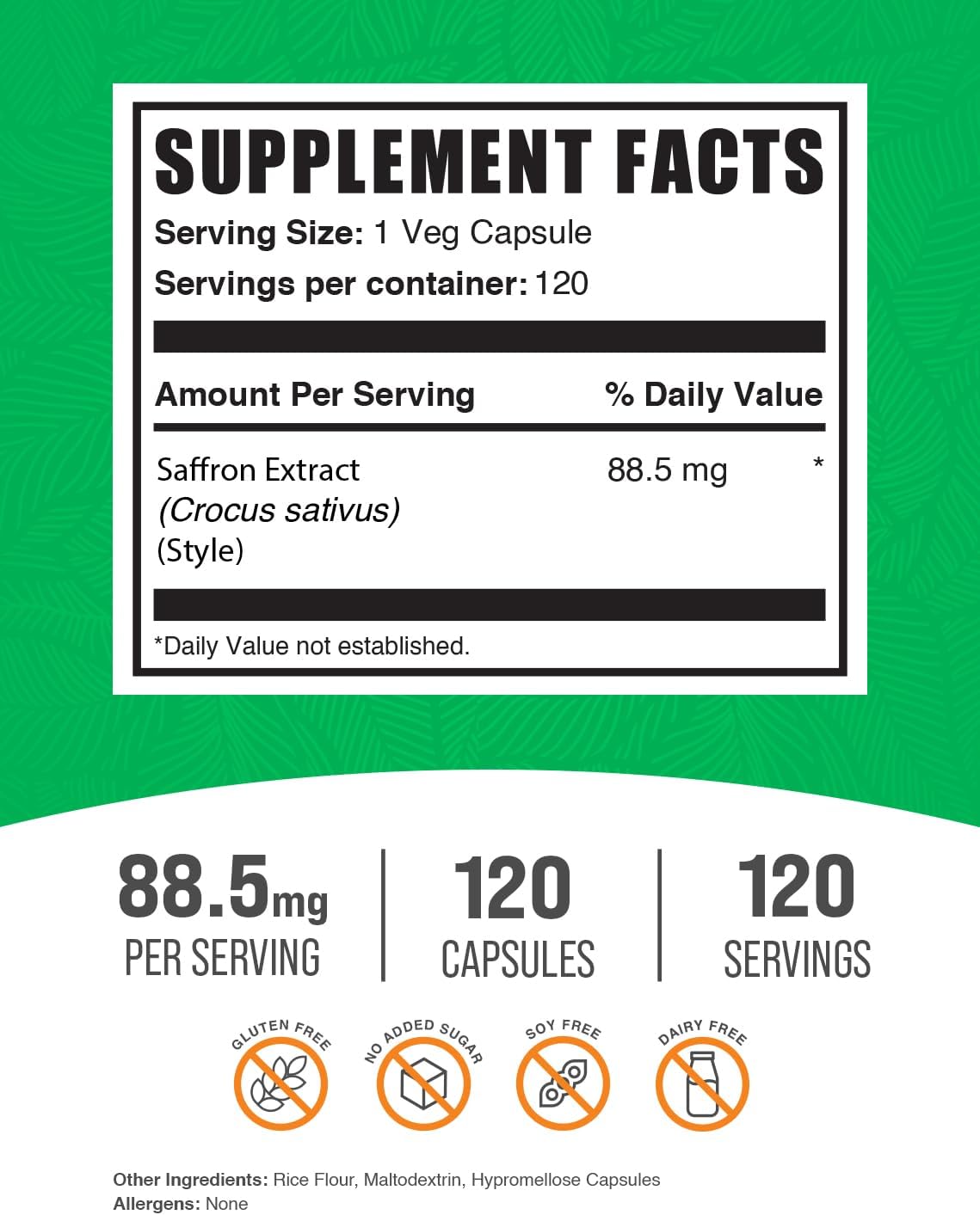 BulkSupplements.com Saffron Extract Capsules - 88.5mg Saffron Supplements - Vegan & Gluten Free - 120 Veg Capsules - 1 Capsule per Serving