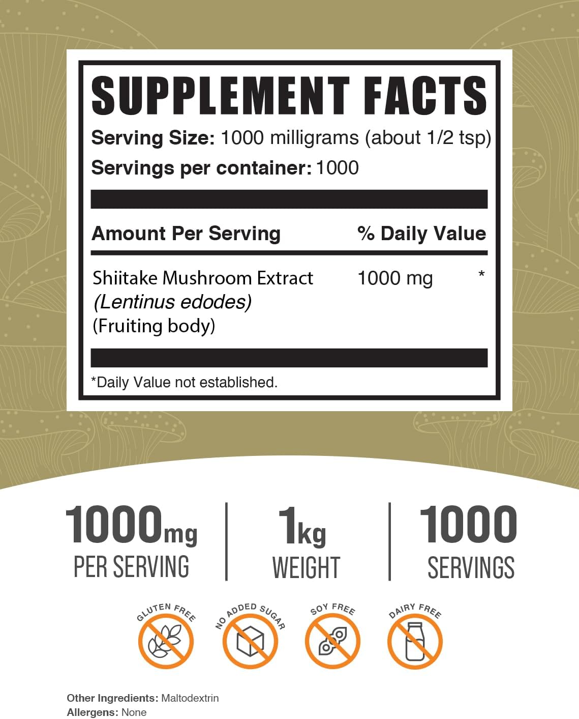 BulkSupplements.com Shiitake Mushroom Extract Powder - 1000mg per Serving, Gluten Free - 1kg (2.2 lbs) (Pack of 1)