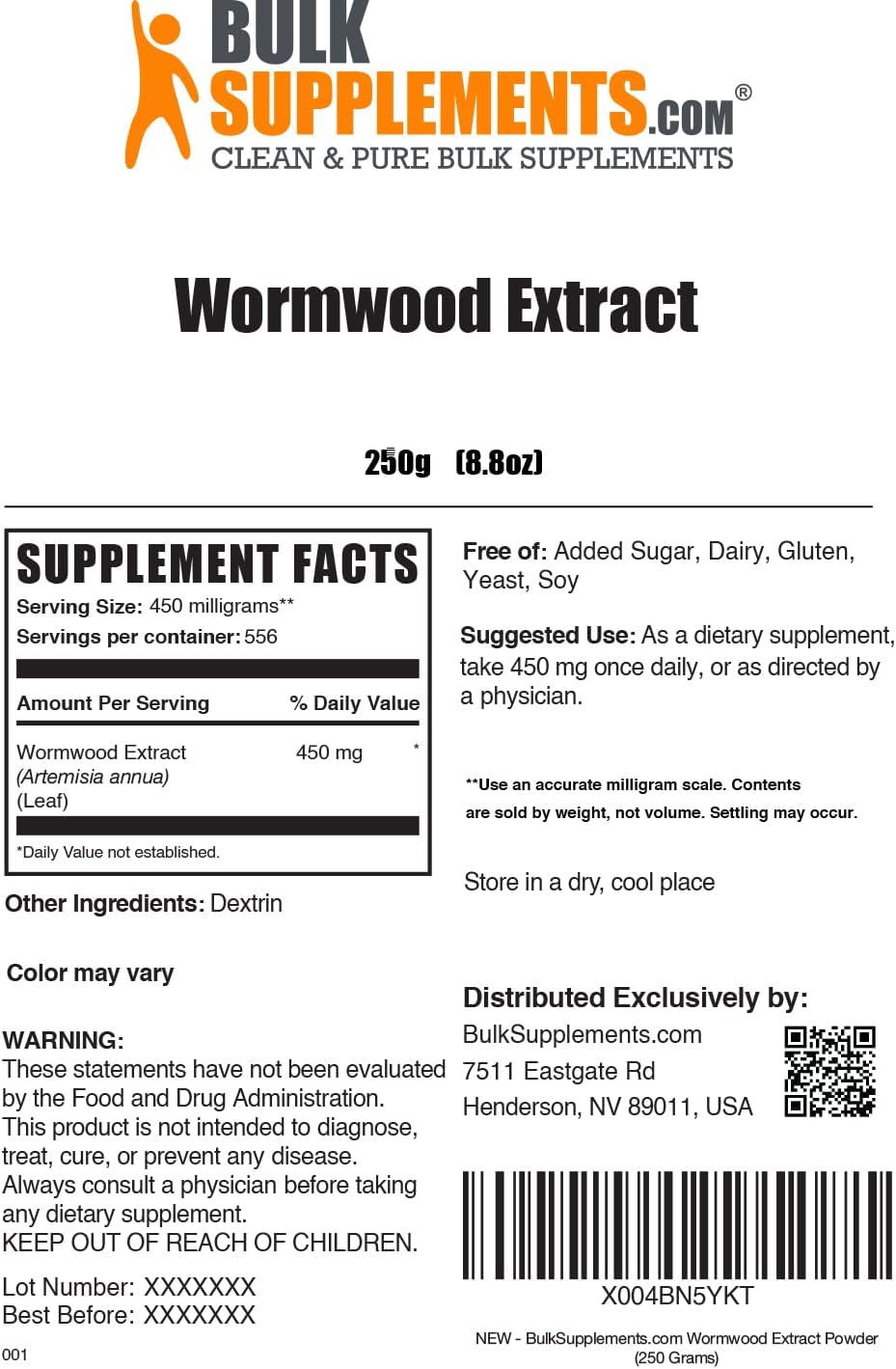 BulkSupplements.com Sweet Wormwood Herb Extract Powder - Artemisia Annua, Herbal Gluten-Free Supplement, 450mg per Serving, 250g (8.8 oz) Pack