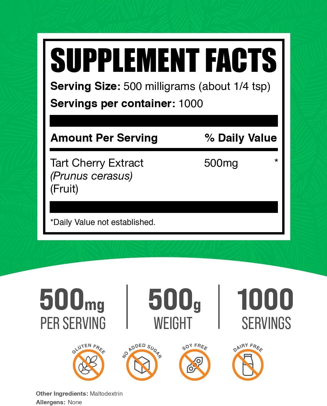 BulkSupplements.com Tart Cherry Extract Powder - Herbal Antioxidant Supplement, Gluten-Free, 500mg per Serving, 500g (1.1 lbs) - Single Pack