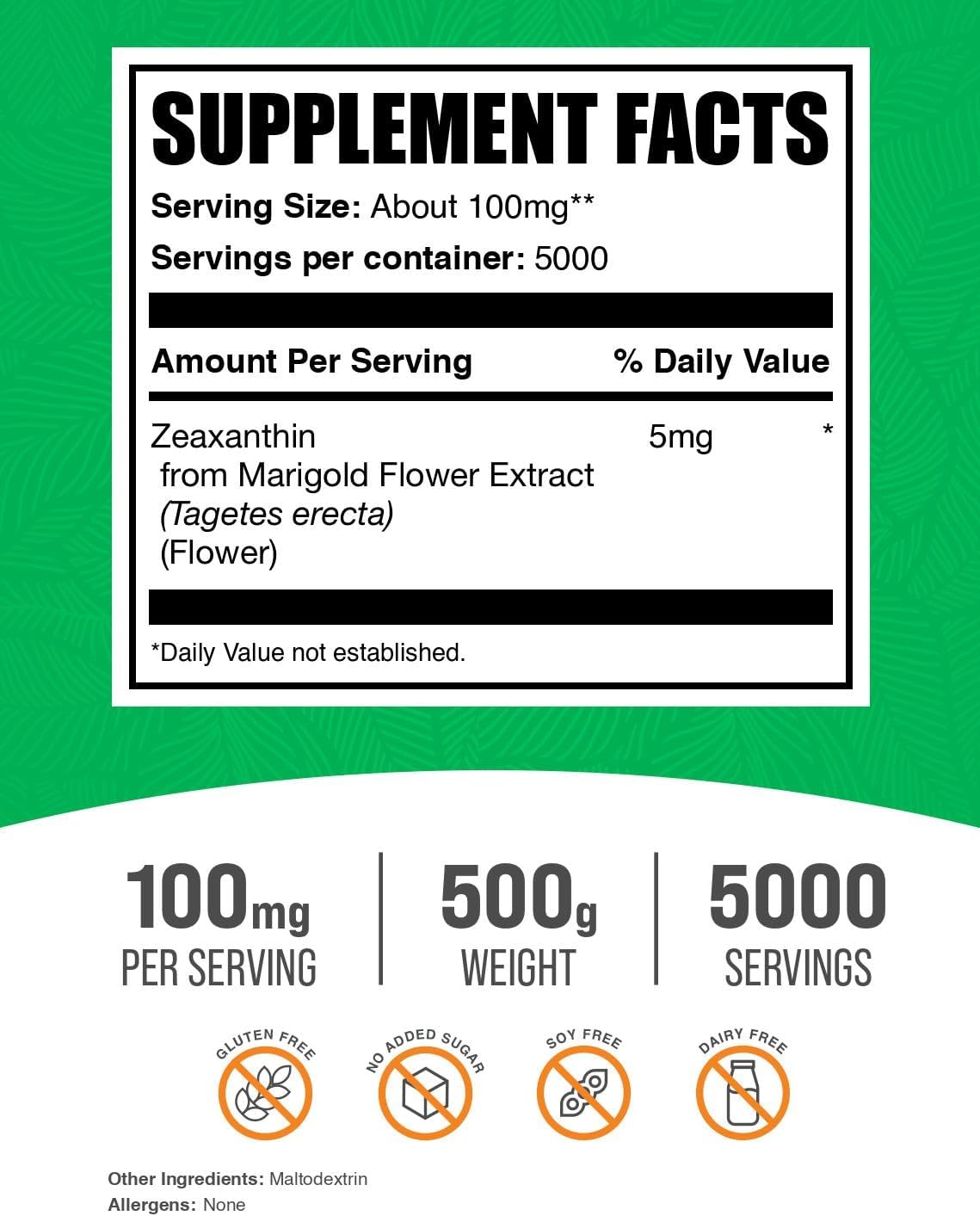 BulkSupplements.com Zeaxanthin Powder - Marigold Flower Extract, Gluten Free, 100mg (5mg Zeaxanthin) - 500g (1.1 lbs) Pack