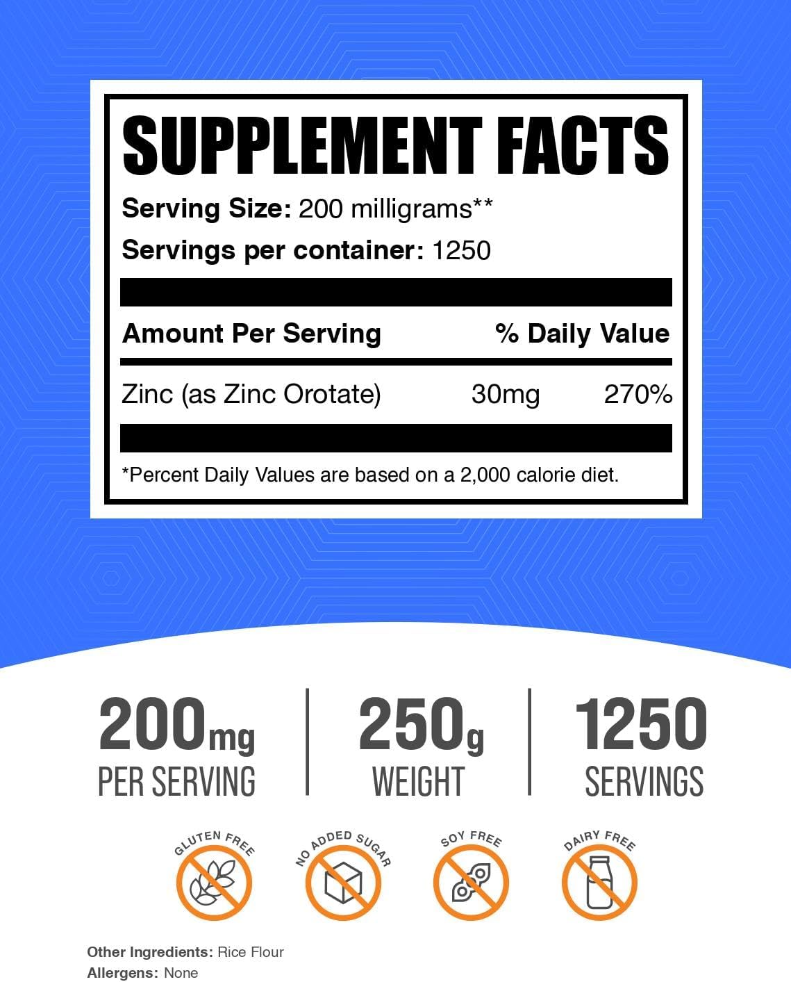 BulkSupplements.com Zinc Orotate Powder - 30mg Zinc Minerals Supplement for Immune Support - Gluten Free, 250g (8.8 oz) Pack of 1
