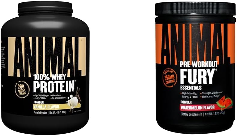 Bundle: Animal Whey Protein Powder Vanilla 4lb + Fury Pre Workout Watermelon 16.96oz Supplement
