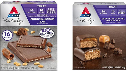 Bundle: Atkins Endulge Crunchalicious Chocolate Bar (16 ct) & Chocolate Caramel Mousse Bar (5 ct)