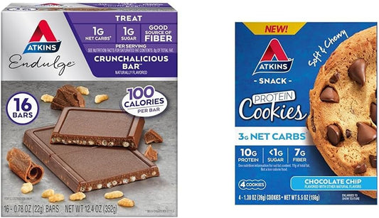 Bundle: Atkins Endulge Crunchalicious Chocolate Bar (16 Bars) & Chocolate Chip Protein Cookie (4 Cookies)