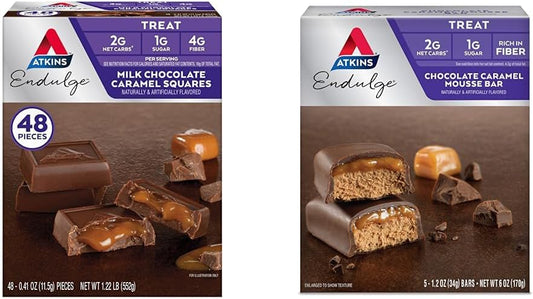 Bundle: Atkins Milk Chocolate Caramel Squares (48) & Chocolate Caramel Mousse Bars (5)