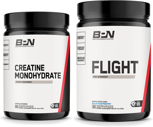 Bundle: BARE PERFORMANCE NUTRITION BPN Creatine Monohydrate & Flight Pre Workout (Blue Raspberry) for Enhanced Performance