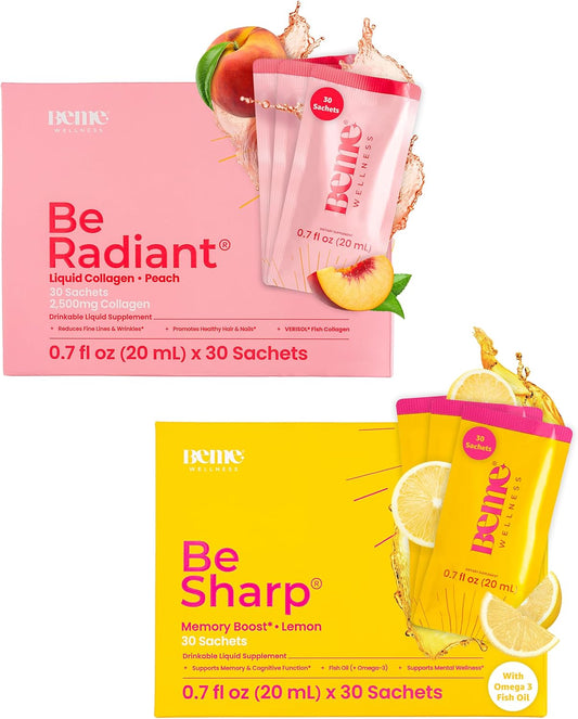 Bundle: BeMe BeRadiant Liquid Collagen & BeSharp Omega-3 Liquid Supplements for Radiant Skin and Sharp Mind