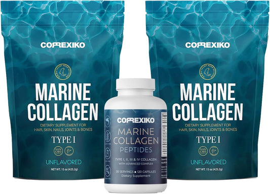 Bundle: CORREXIKO Marine Collagen Powder (15oz) & Capsules - 2X Strength Formula