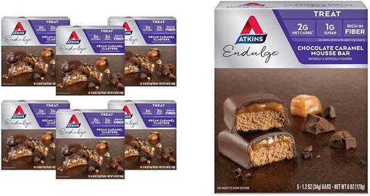 Bundle Deal: Atkins Pecan Caramel Clusters (60ct) & Chocolate Caramel Mousse Bars (5ct) - Low Sugar Dessert Options