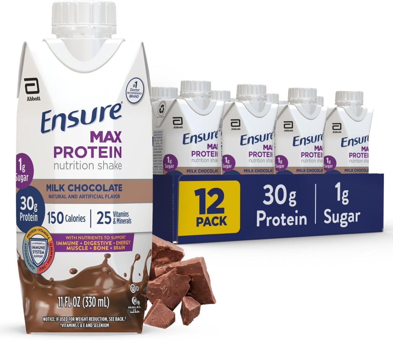 Bundle: Ensure Original Dark Chocolate & Max Protein Milk Chocolate Nutrition Shakes - 24 Pack & 12 Pack, 30g Protein - Total 36 Shakes
