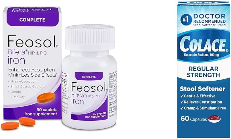 Bundle: Feosol Complete Iron Supplement 30 Count + Colace Stool Softener 60 Count for Digestive Health and Iron Support
