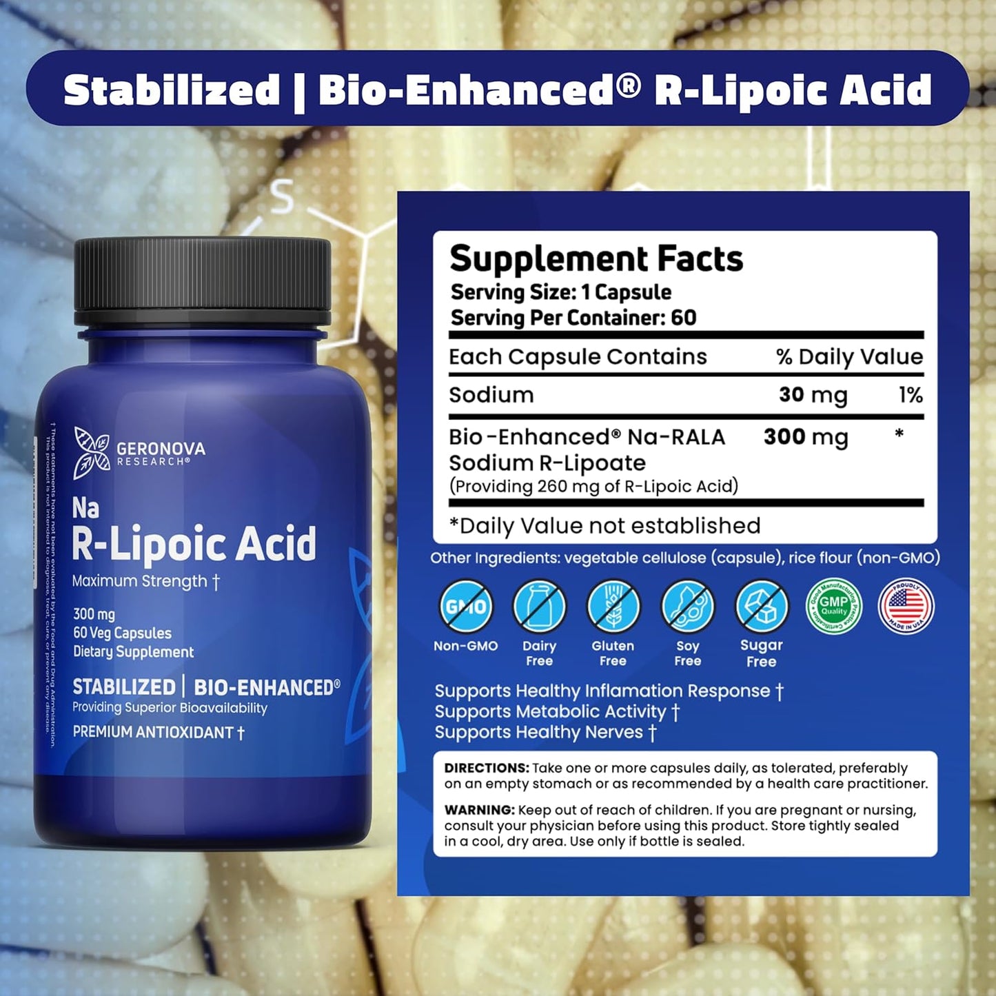 Bundle: Geronova Research R-Lipoic Acid 300mg Capsules + The Alpha Lipoic Solution