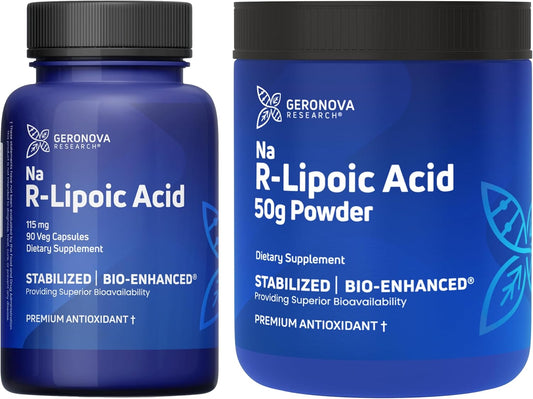 Bundle: Geronova Research R-Lipoic Acid Capsules and Powder - 115mg Capsules, 90 Count + 50g Powder