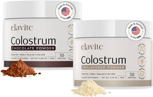 Bundle: Grass Fed Bovine Colostrum Powder for Healthy Hair, Skin & Nails (30 Servings) - Chocolate & Unflavored - Made in USA