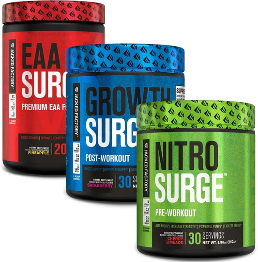 Bundle: Jacked Factory Nitrosurge Pre Workout, EAA Surge Amino Acids, Growth Surge Post Workout Muscle Builder
