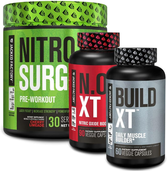 Bundle: Jacked Factory Nitrosurge Pre Workout, N.O. XT Nitric Oxide Supplement & Build-XT Daily Muscle Builder