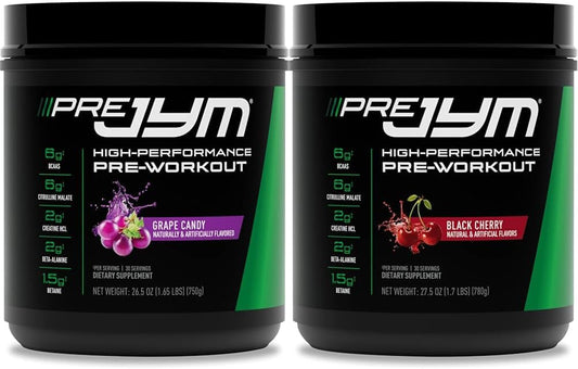 Bundle: JYM Supplement Science Pre JYM Grape Candy & Black Cherry Pre Workout Powder - 30 Servings Each
