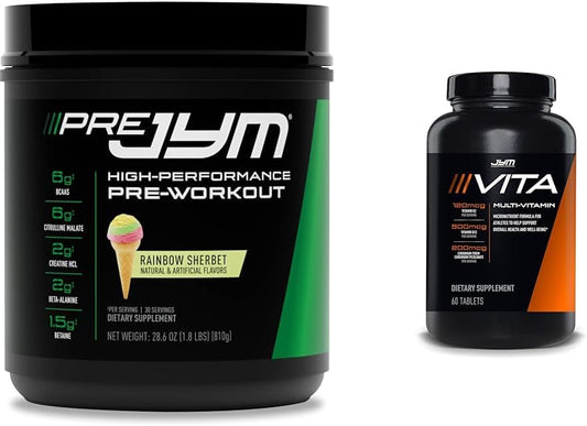Bundle: JYM Supplement Science Pre Jym Rainbow Sherbet Pre-Workout & Vita JYM Multivitamin - 30 Servings + 60 Tablets