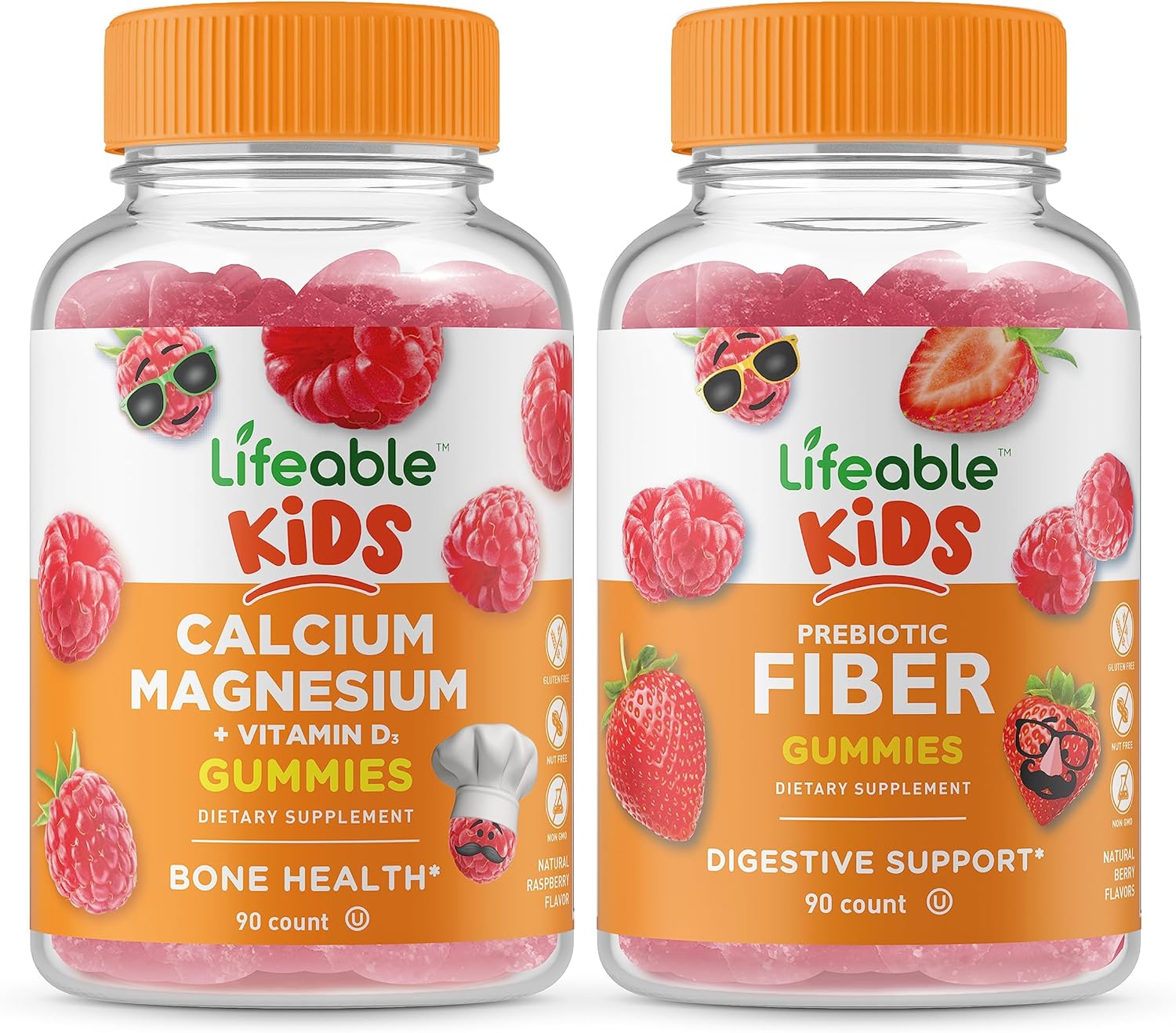 Bundle: Lifeable Calcium Magnesium Kids + Prebiotic Fiber Kids Gummies - Gluten Free, GMO Free, Chewable Vitamin Supplement