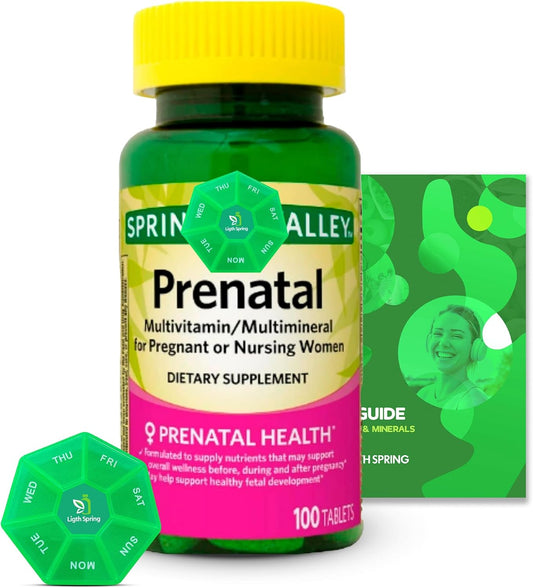 Bundle: LightSpring Prenatal Multivitamin 100 Tablets + A to Z Vitamins & Minerals + Better Light & Spring Guide + Weekly Pill Organizer