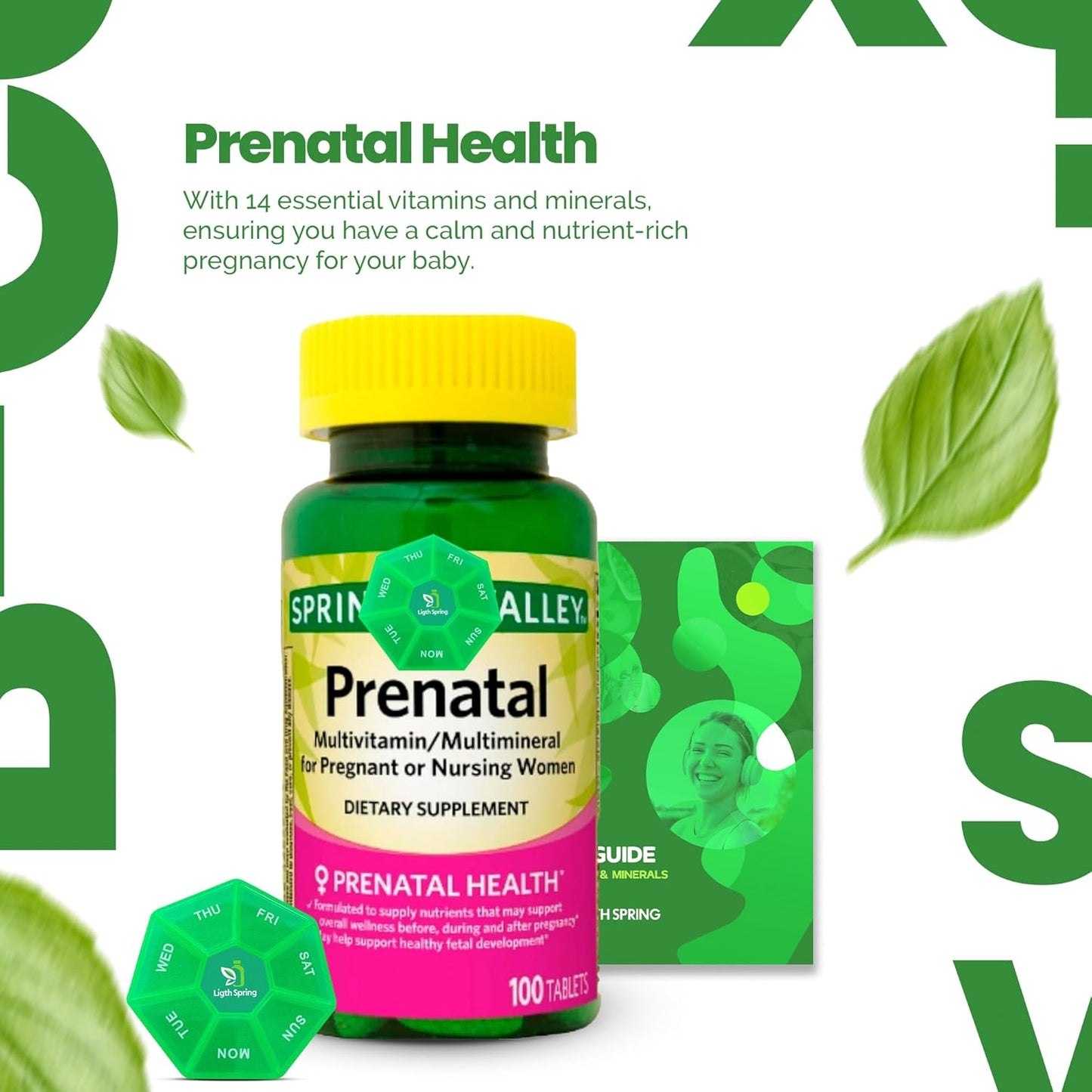Bundle: LightSpring Prenatal Multivitamin 100 Tablets + A to Z Vitamins & Minerals + Better Light & Spring Guide + Weekly Pill Organizer