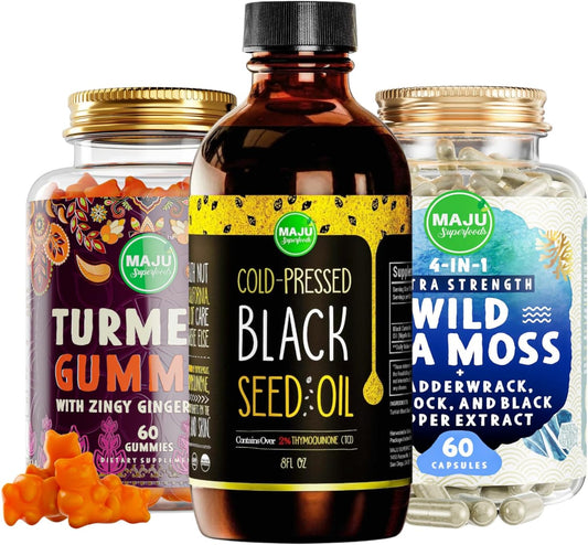 Bundle: Maju Superfoods Black Seed Oil, Sea Moss Capsules, & Turmeric Ginger Gummies