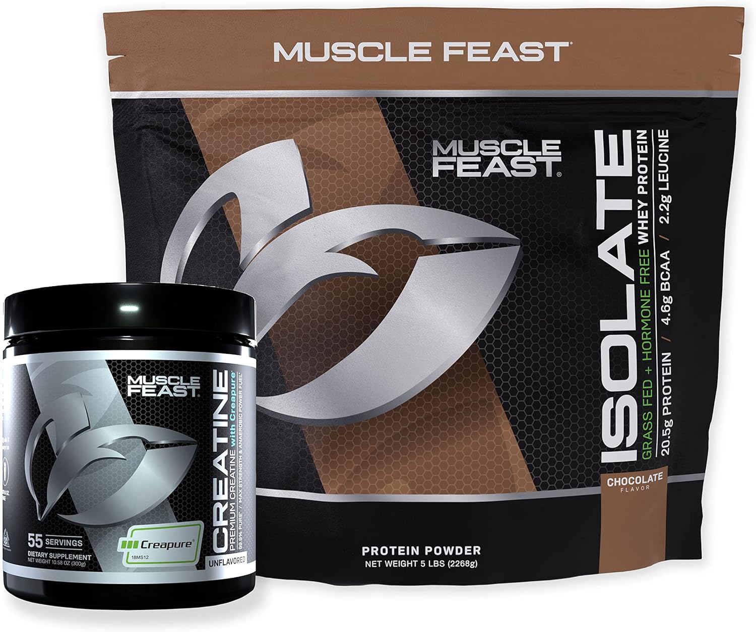 Bundle: Muscle Feast Creatine Powder (300g) + Whey Protein Isolate (5lb, Chocolate) - Premium Supplements, Vegetarian, Gluten Free