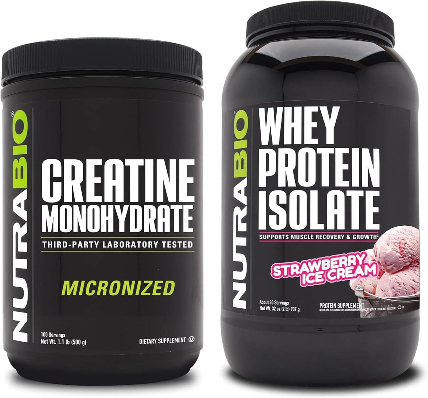 Bundle: NutraBio 500g Creatine Monohydrate & Strawberry Ice Cream Whey Protein Isolate - Muscle Energy, Growth, Recovery, Strength