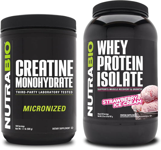 Bundle: NutraBio 500g Creatine Monohydrate & Strawberry Ice Cream Whey Protein Isolate - Muscle Energy, Growth, Recovery, Strength