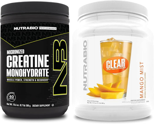 Bundle: NutraBio Creatine Monohydrate (300g) & Clear Whey Protein Isolate (Mango Mist) for Muscle Energy, Growth, Recovery, and Strength