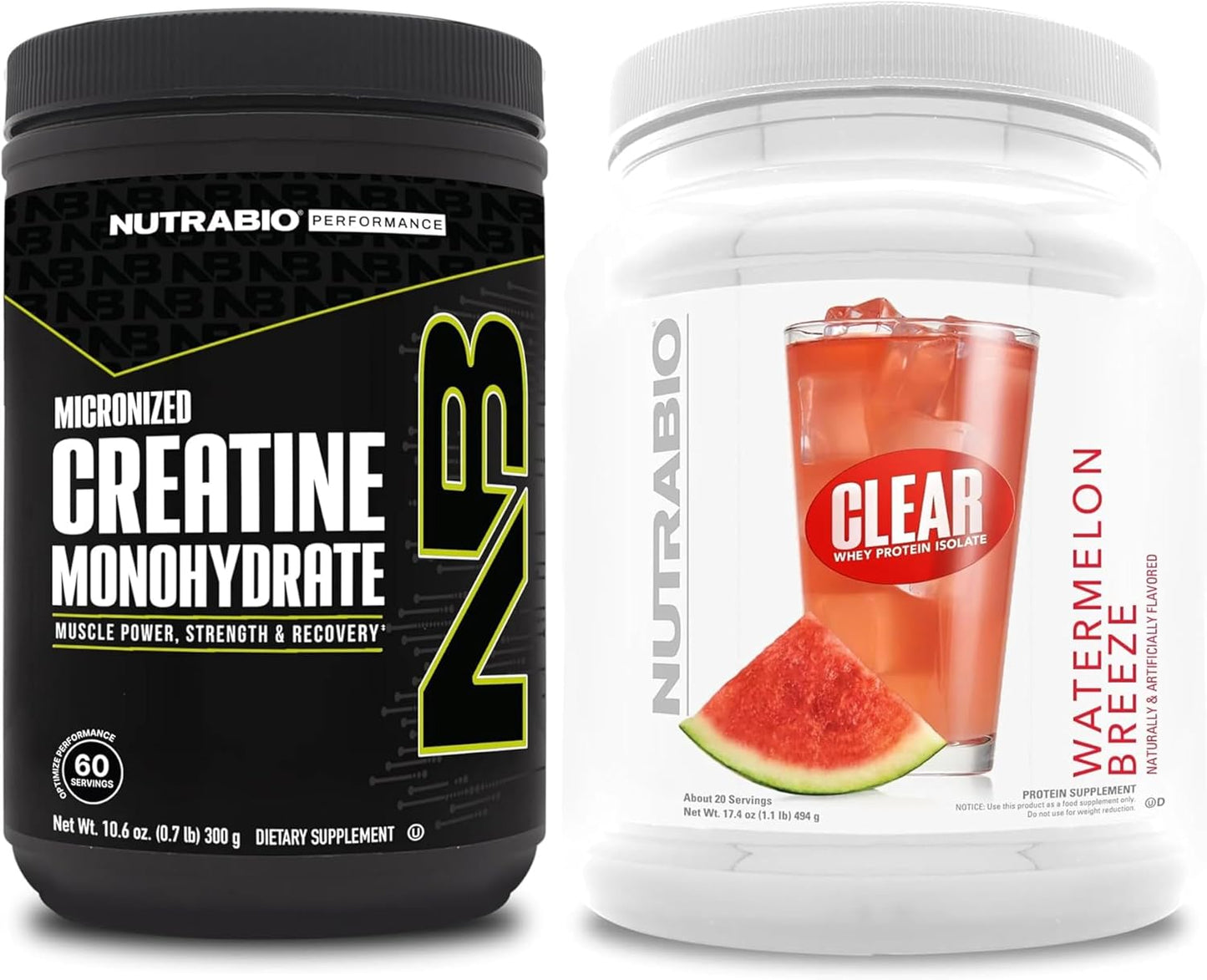 Bundle: NutraBio Creatine Monohydrate (Unflavored, 300g) & Clear Whey Protein Isolate (Watermelon Breeze) - Muscle Energy, Growth, Recovery, Strength