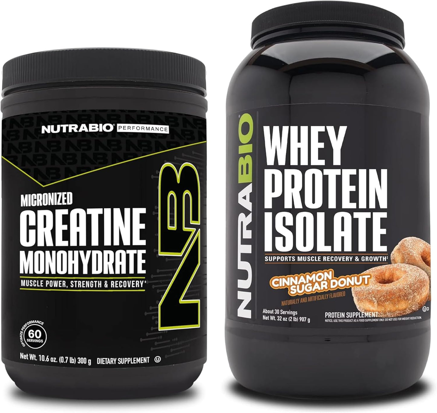 Bundle: NutraBio Creatine Monohydrate & Whey Protein Isolate - Unflavored & Cinnamon Sugar Donut Flavors - Muscle Energy, Growth, Recovery, Strength - 300g