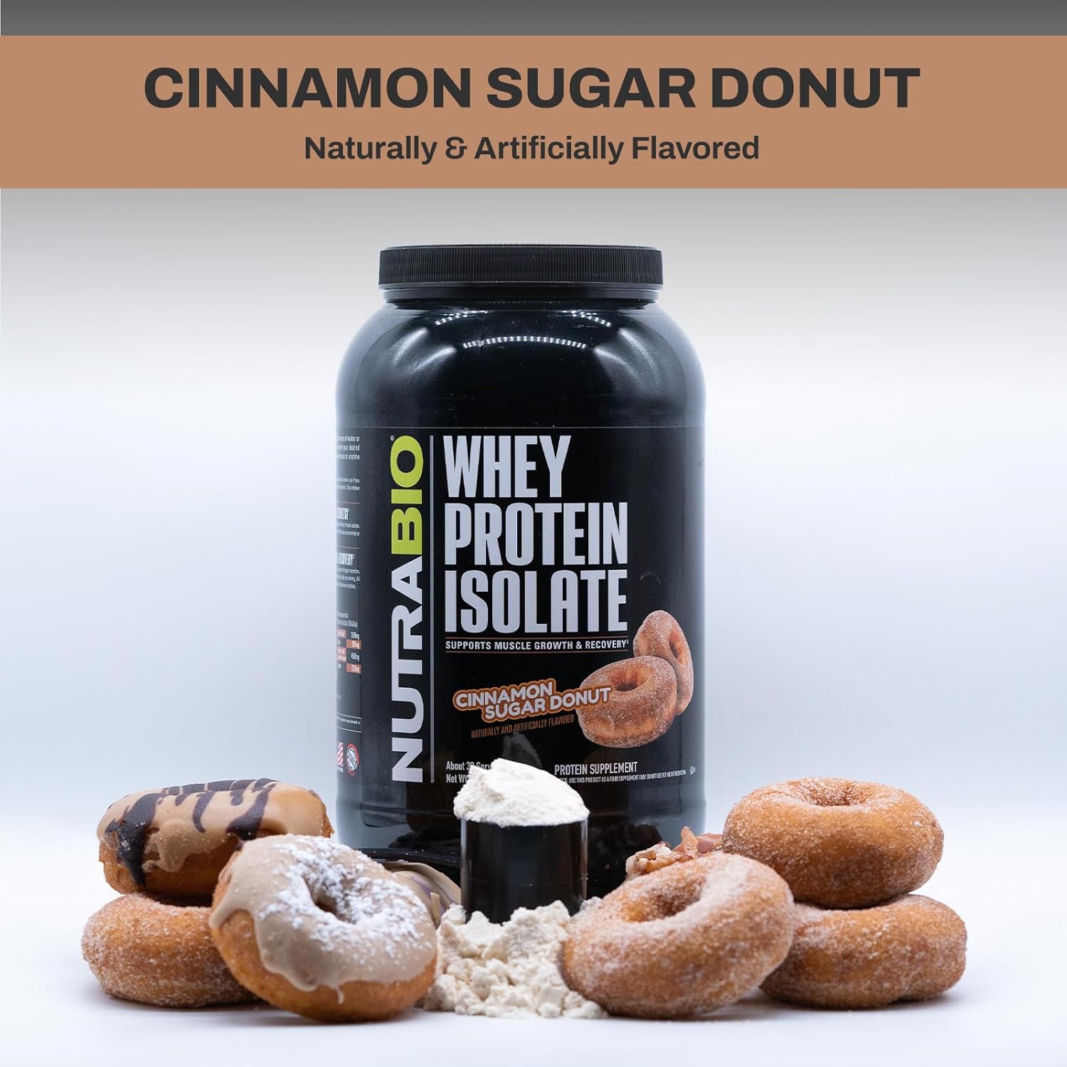 Bundle: NutraBio Creatine Monohydrate & Whey Protein Isolate - Unflavored & Cinnamon Sugar Donut Flavors - Muscle Energy, Growth, Recovery, Strength - 300g
