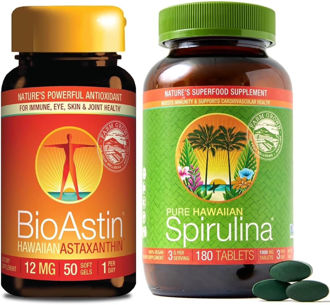 Bundle: Nutrex BioAstin Hawaiian Astaxanthin 12mg (50 Count) + Pure Hawaiian Spirulina 1000mg Tablets (180 Count)