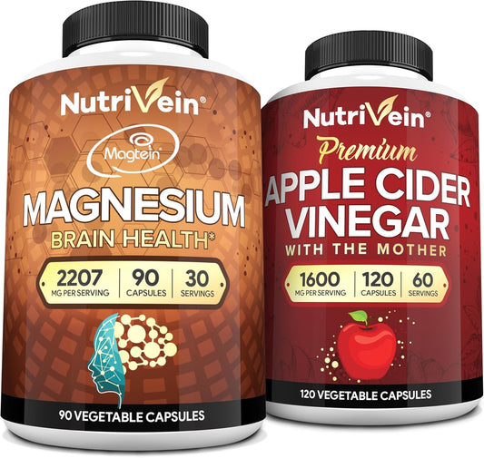 Bundle: Nutrivein Premium Apple Cider Vinegar Capsules & Magnesium L-Threonate for Brain, Gut, & Well-Being - High-Absorption Magnesium Threonate Supplement & ACV