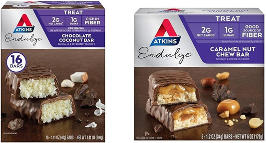 Bundle of 16 Atkins Endulge Chocolate Coconut Bars & 5 Caramel Nut Chew Bars