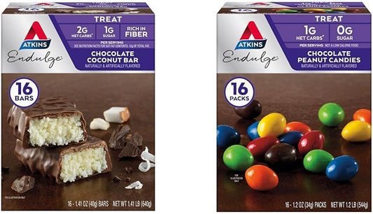 Bundle of 16 Atkins Endulge Chocolate Coconut Bars and 16 Chocolate Peanut Candies