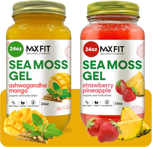 Bundle of 2 Jars 24oz MAX FIT Organic Raw Sea Moss Gel with Ashwagandha Mango, Strawberry Pineapple - 92 Vitamins and Minerals - Vegan Superfood