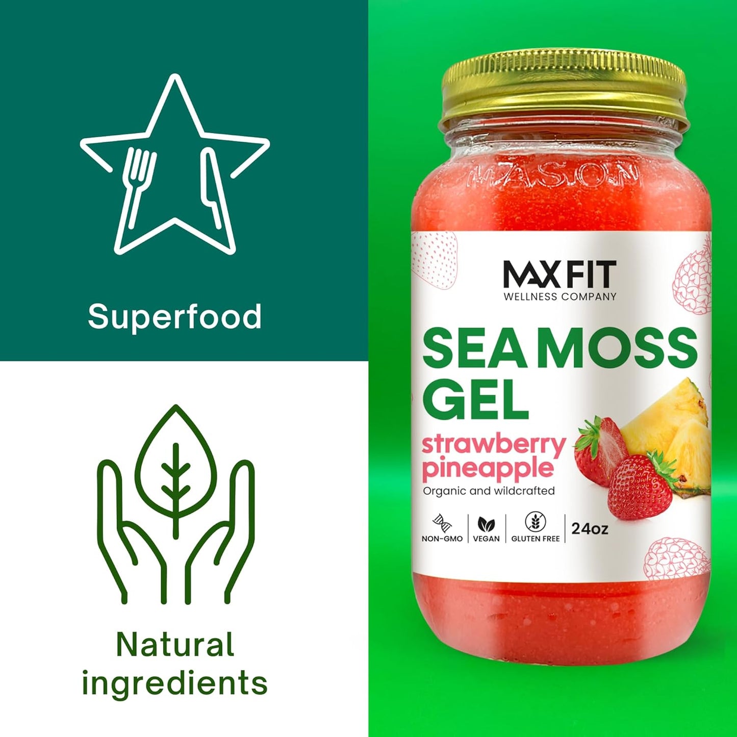 Bundle of 2 Jars 24oz MAX FIT Organic Raw Sea Moss Gel with Ashwagandha Mango, Strawberry Pineapple - 92 Vitamins and Minerals - Vegan Superfood