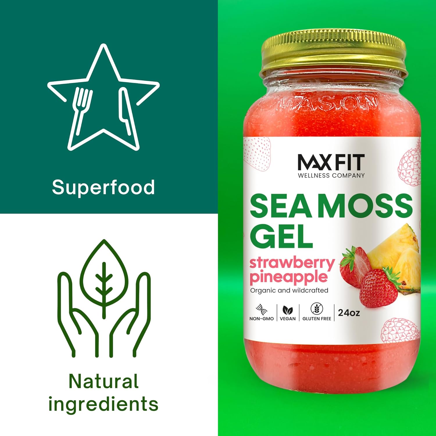 Bundle of 2 Jars 24oz MAX FIT Organic Raw Sea Moss Gel with Ashwagandha Mango, Strawberry Pineapple - 92 Vitamins and Minerals - Vegan Superfood