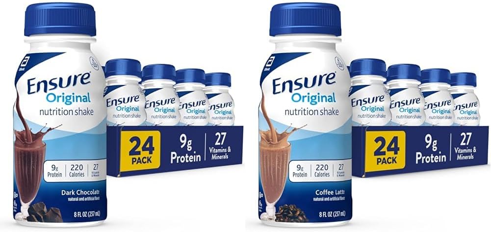 Bundle of 24 Ensure Original Dark Chocolate & Coffee Latte Nutrition Shake Packs for Meal Replacement
