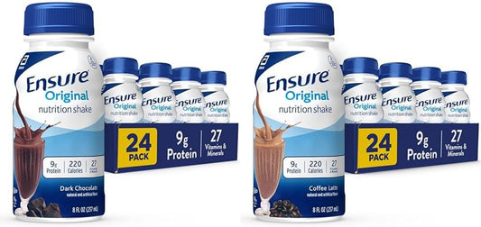Bundle of 24 Ensure Original Dark Chocolate & Coffee Latte Nutrition Shake Packs for Meal Replacement