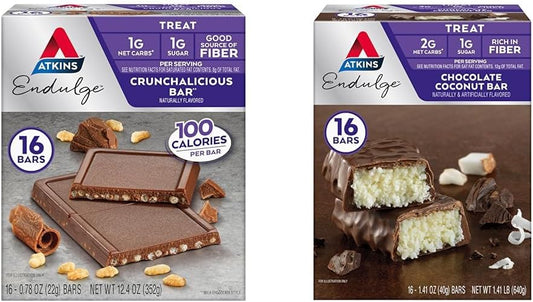 Bundle of 32 Atkins Endulge Chocolate Bars - Crunchalicious & Coconut Flavors for Low-Carb Snacking